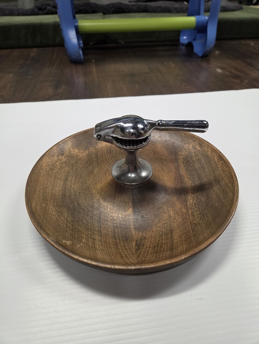 Vintage Mid-Century Modern Wood Nut Bowl with Attached Metal Nutcracker - Picture 2 of 7